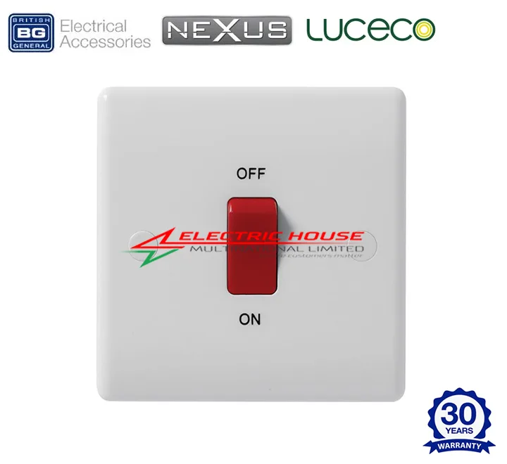 BG White Molded 45A Cooker Switch with Neon